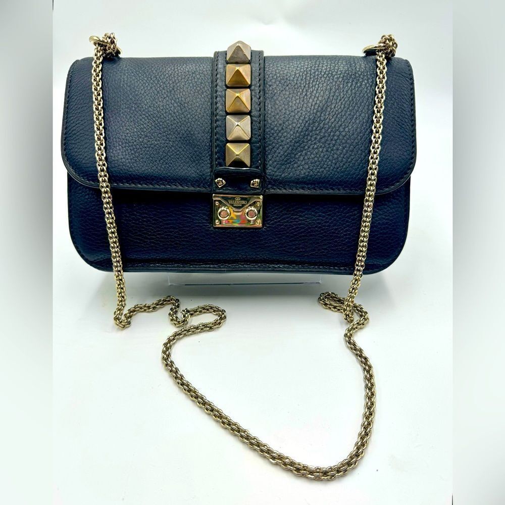 Auth Valentino Garavani Black Leather Rockstud Chainlink Glam Lock Shoulder Bag